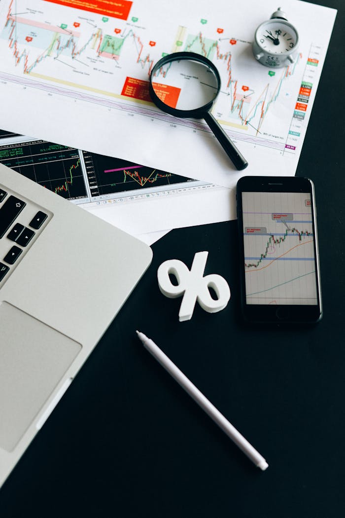 An organized workspace featuring charts, gadgets, and financial data for modern analysis.